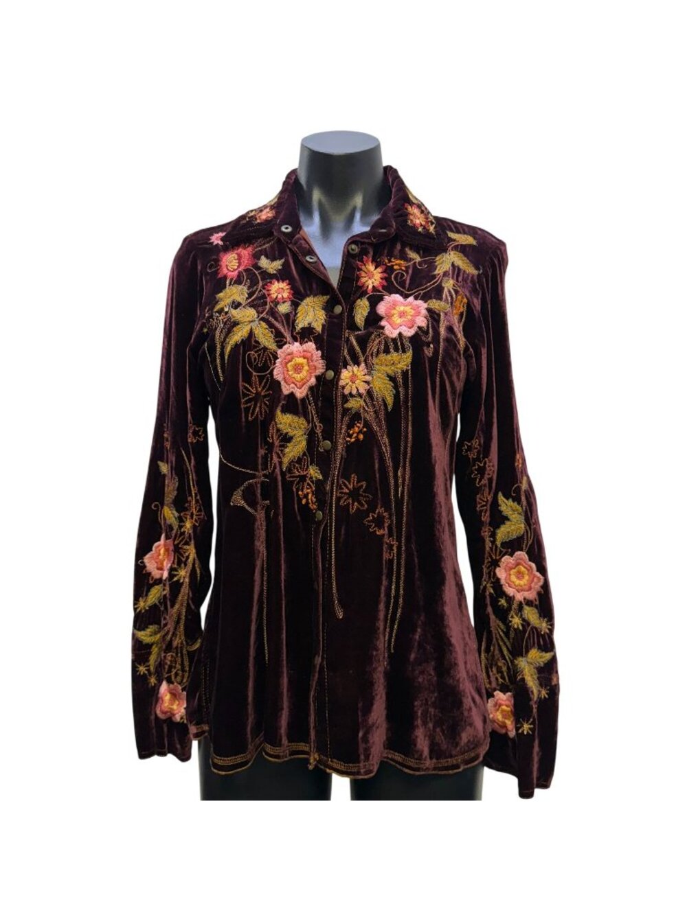 Johnny Was Embroidered Velvet Blouse Maroon Pink Floral M